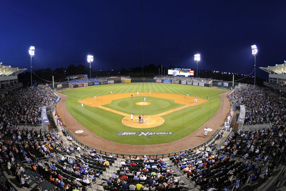 Ariel view of the Northwest Arkansas Naturals stadium at night